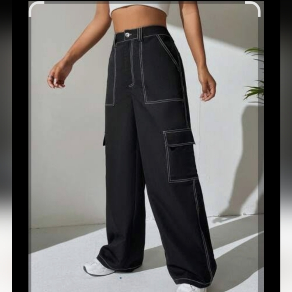 NWT Shein Ez Wear White Stitching Lightweight Wide Leg Cargo Y2K Pants
